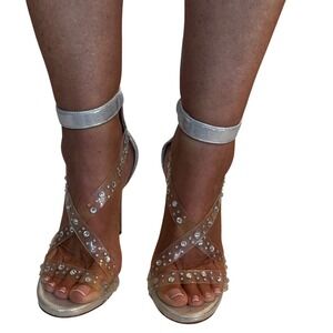 Jessica Simpson Silver Metallic Rhinestone Clear Strap Stiletto Sandals Heels 7M